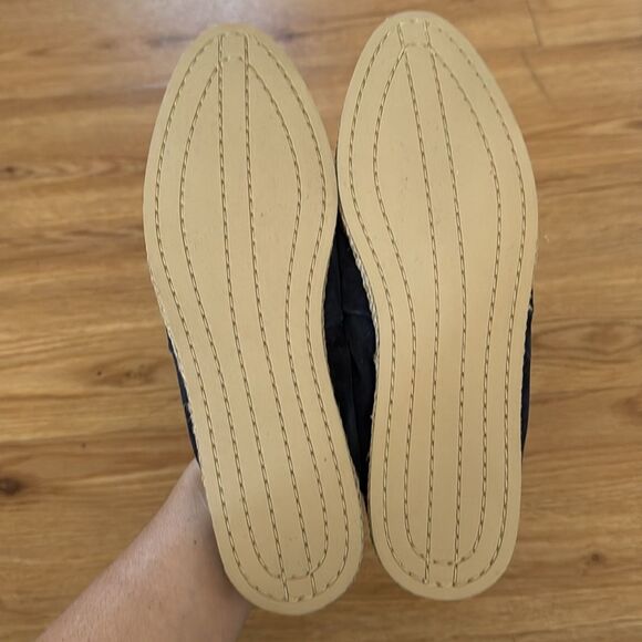 VINCE Womens Navy Leather Espadrille 37.5 Ruched Stretch Meryl Round Toe Slip On - Picture 10 of 11